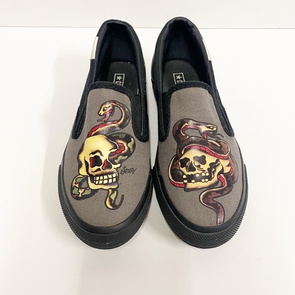 Converse Gray & Black Snake & Skull Sailor Jerry Slip On Sneakers - Picture 2 of 7